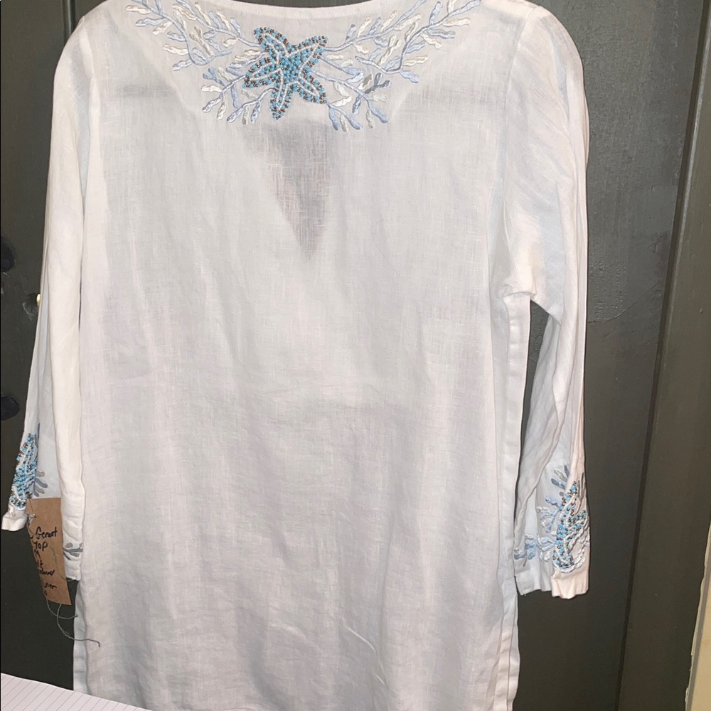 White Embroidered Women's Top beaded 100%linen - Picture 8 of 10